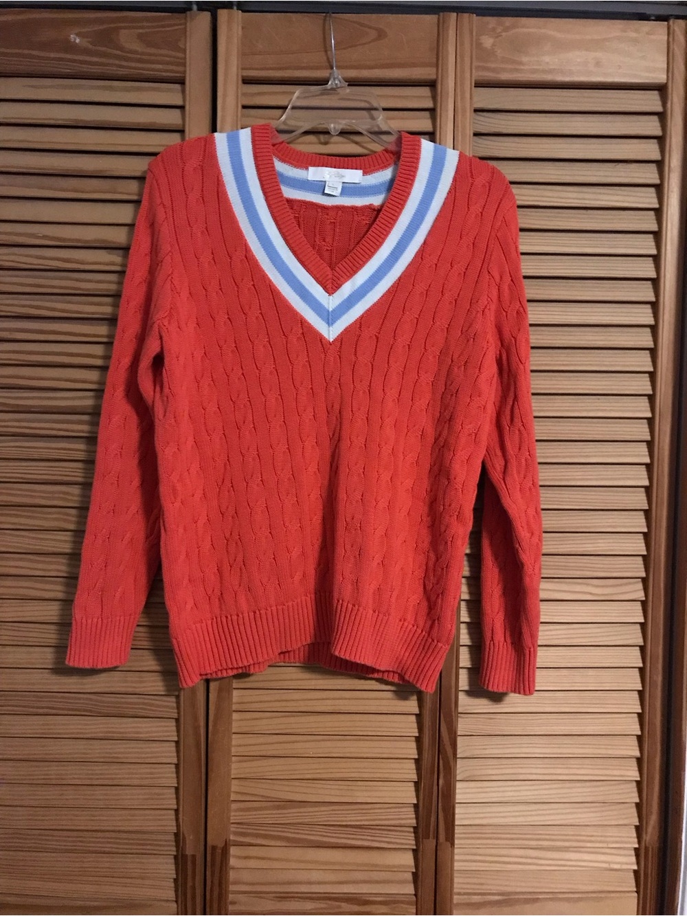 Lilly Pulitzer Coral Cable-Knit V-Neck Sweater with Blue & White Trim